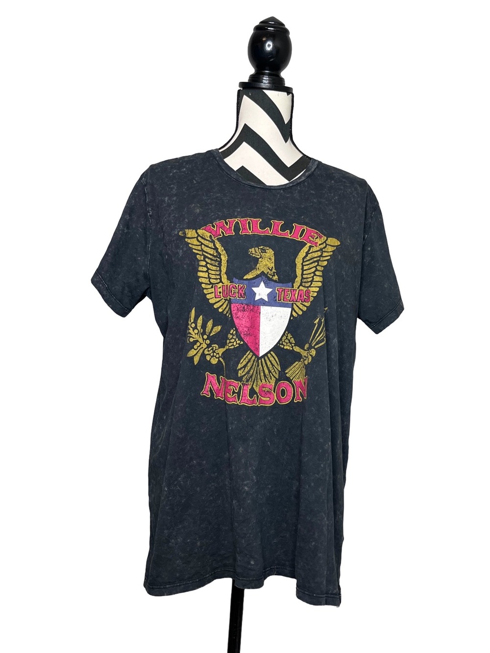 Willie Nelson Charcoal Acid-Washed Winge Eagle Texas Flag The Relaxed Tee Sz L